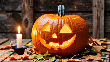 Fototapeta premium Spooky Halloween Jack-o-lantern Pumpkin with Candle on Table.