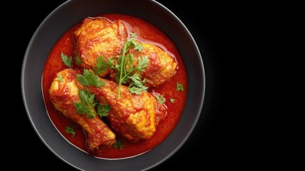 Fototapeta premium Delicious Spicy Chicken Drumsticks in Rich Red Sauce Garnished with Fresh Green Coriander on a Black Plate
