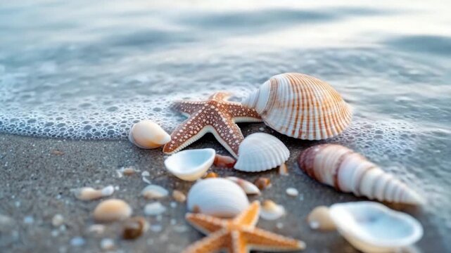 Beautiful seashells and a starfish on the soft beach with gentle waves. Nature inspires tranquility and peace. Perfect for relaxation and decor. Generative AI