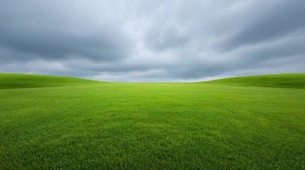 Obraz premium Lush Green Meadow Under Dramatic Cloudy Sky Featuring Rolling Hills and Vibrant Grass in Tranquil Natural Landscape Setting