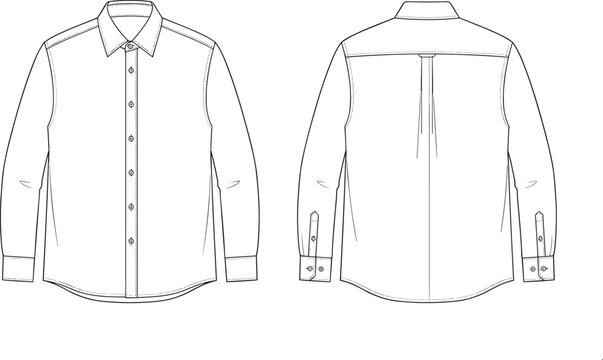 Classic button up shirt outline template, front and back view long sleeve apparel mockup vector, minimalist formal clothing technical line art