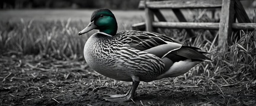 Pato salvaje en primer plano con efecto selectivo de color sobre fondo rural en blanco y negro