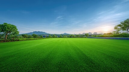 Obraz premium Lush Green Grass Field Under a Clear Blue Sky with Mountains and Urban Landscape in the Background During Sunset