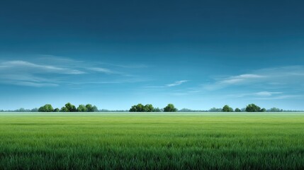 Obraz premium Vast Green Meadow Under Clear Blue Sky with Gentle Clouds and Lush Trees Along the Horizon, Perfect for Nature and Outdoor Activities Stock Photography