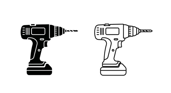 Power drill icon set, cordless drill illustration, tool design, black and white Vector
