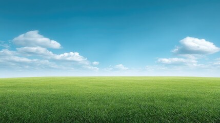 Obraz premium Expansive Green Field Under a Bright Blue Sky with Soft White Clouds at Midday in a Peaceful Rural Setting with Natural Light and Tranquil Atmosphere