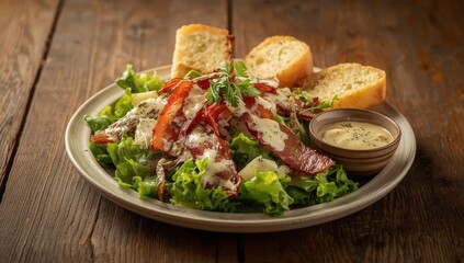 Caesar salad with bacon, garlic bread, and dressing on a wooden surface