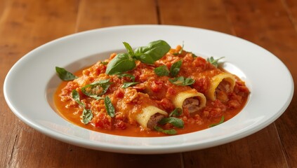 Cannelloni stuffed with meat and served with pumpkin-tomato sauce