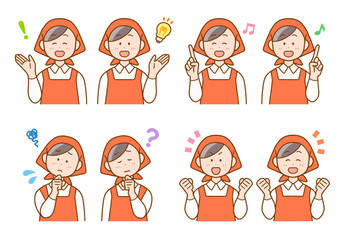 調理・清掃・店員のスタッフ(女性)イラスト8点セット