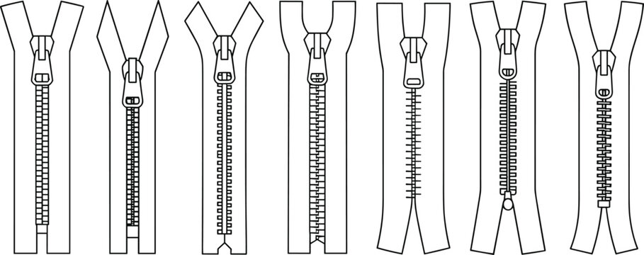 Minimal zipper outline collection, clothing fastener line art vector set, sewing fashion accessory icons pack for garment design