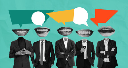 Conceptual collage of businesspeople with speech bubbles and mou