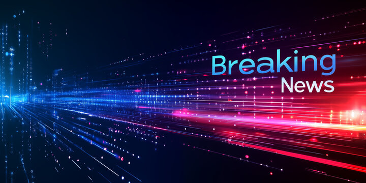 Breaking news banner background, dynamic red and blue light streaks rushing forward, with glowing particles and dramatic motion effect. Perfect for television news broadcasts, urgent announcements