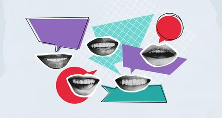 Fotobehang Natuur Park Collage of speech bubbles and smiling mouths on abstract background representing communication and conversation concept in business and creative setting.  © ImageFlow