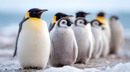 Fototapeta premium An emperor penguin stands with fluffy chicks on a snowy Antarctic shore, capturing wildlife family bonds in a cold, icy landscape.