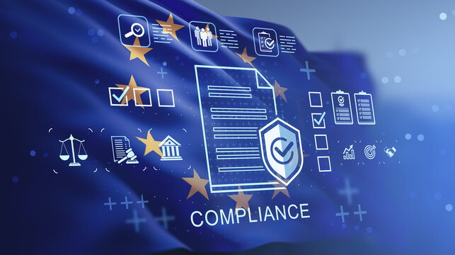 Compliance and regulation concept with digital document icons on EU flag background representing business standards and data protection laws in Europe.