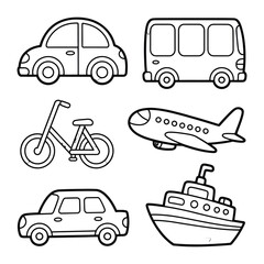 Obraz premium Vehicular Variety: A collection of simple vehicle illustrations showcasing diverse modes of transportation, from a compact automobile to a majestic airplane. 