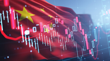 Chinese flag with digital stock market candlestick chart overlay representing economic data and...
