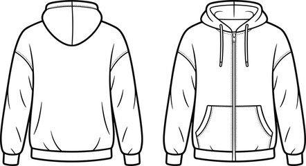 Zip hoodie outline template, front and back view sweatshirt mockup vector, minimalist apparel jacket line art for fashion designers use