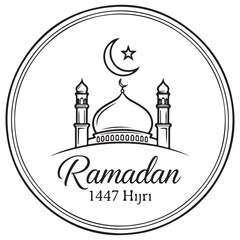 Ramadan 1447 Hijri Emblem Featuring a Detailed Mosque Illustration with Crescent Moon and Star in a Minimalist Black and White Circular Line Art Design for Islamic Holiday Greetings.