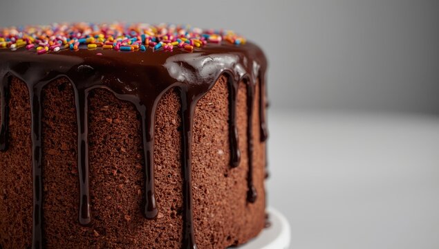 Chocolate cake topped with a drizzle and vibrant sprinkles