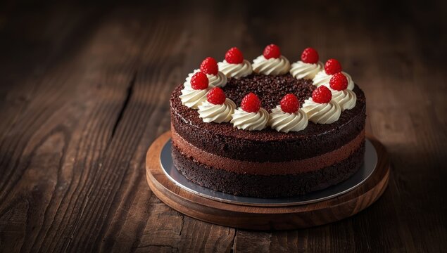 Chocolate layer cake on wood table