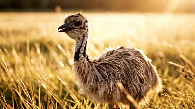 Young Emu chick foraging in golden grass field at sunset