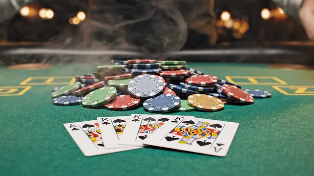 Gambler in a dimly lit casino stacks colorful chips and plays poker with a royal flush and full house winning hand