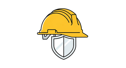 Fototapeta premium Vector icon of a yellow hard hat on a shield, symbolizing robust industrial safety, construction security, and comprehensive worker protection