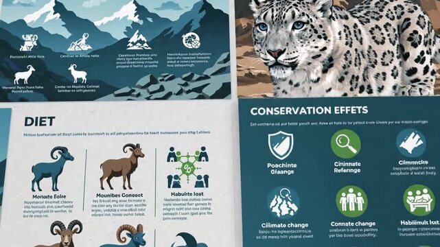 Illustrated snow leopard portrait against majestic blue mountains
