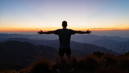 Fototapeta premium Person embracing the horizon on hilltop at sunset, sense of freedom