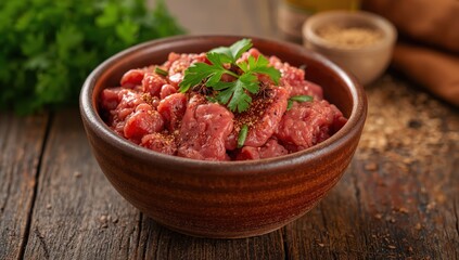 Close-up of a bowl of ground meat with parsley, spices, and oil on a wooden table