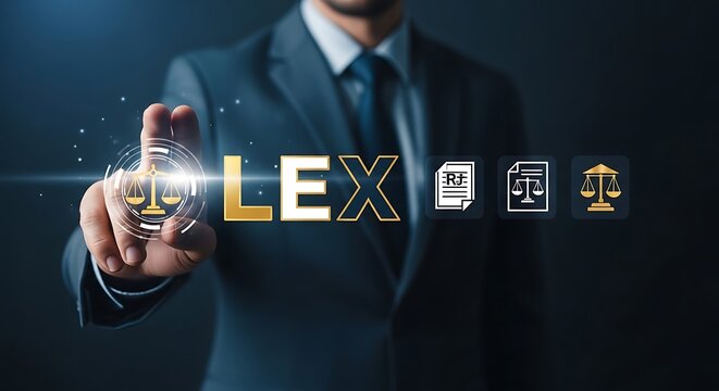 A businessman in a suit interacting with a digital interface of law and justice symbols