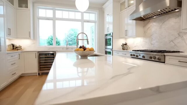 Bright modern kitchen with island and stainless steel appliances.