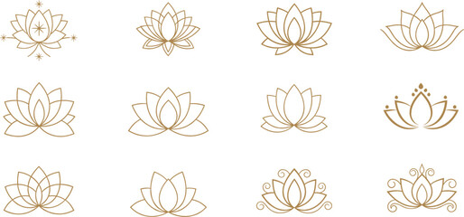 Set of elegant lotus flower line art vector icons decorative floral symbols collection isolated minimal design © PUTUL