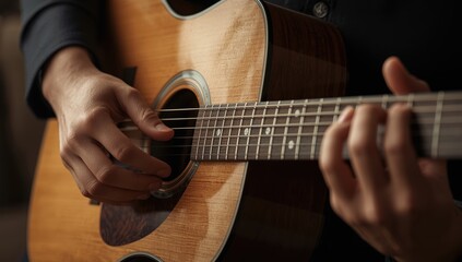 Fototapeta premium Close-up of a guitarist's hands on an acoustic guitar