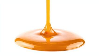 Close-up of a drop of golden butterscotch caramel sauce on a white background
