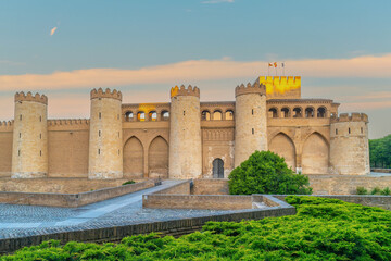 Medieval Aljafer&iacute;a Palace at sunrise in Zaragoza, Spain