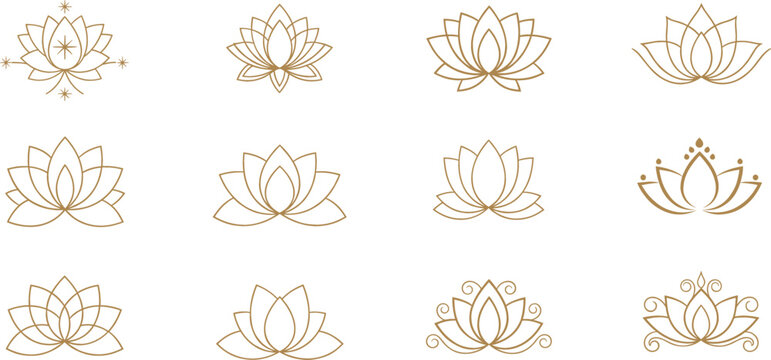 Set of elegant lotus flower line art vector icons decorative floral symbols collection isolated minimal design