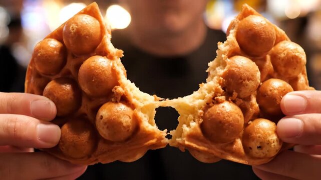 Hands Breaking Fresh Hong Kong Style Bubble Waffle 4K Video