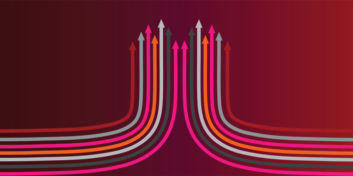 Abstract illustration of multiple colorful lines curving upwards and forming arrows against a dark red gradient background, symbolizing growth and progress.