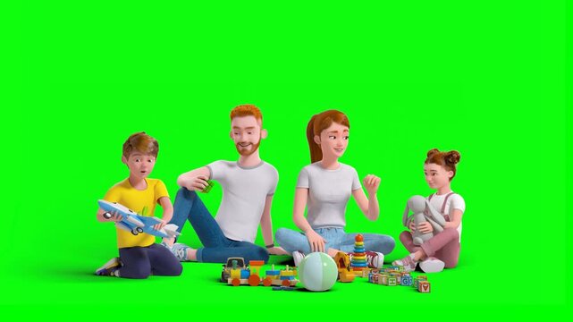 3D Cartoon White Family Playtime- Parents With Son and Daughter Talking and Playing With Toys on Green Background