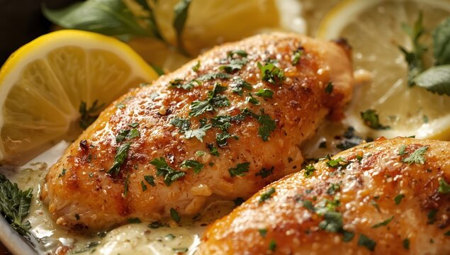 Close-up of tasty chicken piccata with lemons in the backdrop