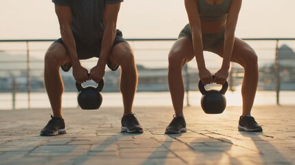 Two individuals performing kettlebell squats outdoors by waterfront during sunset