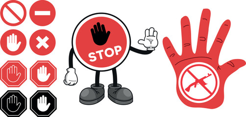 Stop Sign Icon Set with Hand Gesture Warning and Prohibition Symbols Vector © Haider