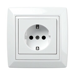 A centered, close-up shot of a modern, square, white European electrical outlet