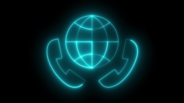 glowing neon international phone call icon isolated on black background. connection world communication concept. representing telephone globe symbol global communication. 4k video animation.
