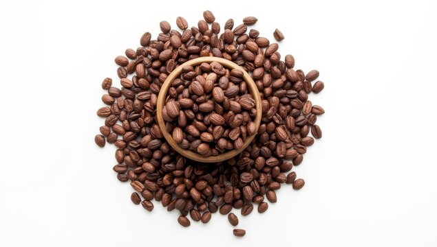 Cocoa beans arranged in a wooden bowl on a white background. Clipping path included