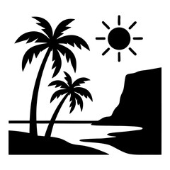 Illustration of black silhouette of palm trees and sun