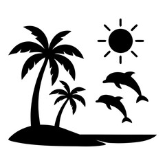 Illustration of black silhouette of palm trees and dolphins jumping near sun