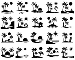 Illustration of collection of tropical island silhouettes with palm trees and sunny skies